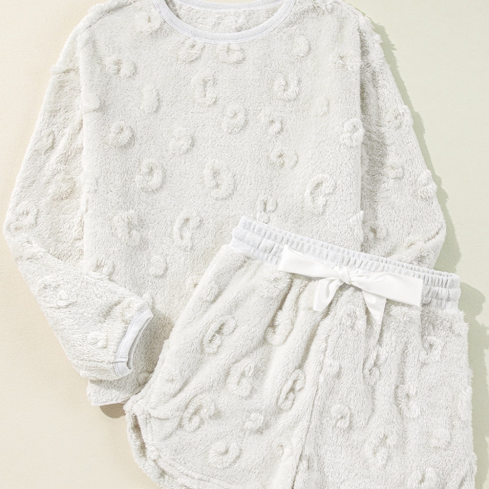 B161 Light Grey Textured Leopard Fleece Loose Two Piece Lounge Set